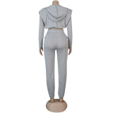 Women Sexy Zip with Cap Long Sleeve Top + Trousers Two-piece Set