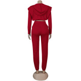 Women Sexy Zip with Cap Long Sleeve Top + Trousers Two-piece Set