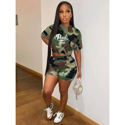 Women Summer Trend Print Camouflage Print Short Sleeve Top + Shorts Two-piece Set
