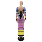 Women Fall/Winter Striped Print V-neck Long Sleeve Dress