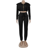 Women Sexy Zip with Cap Long Sleeve Top + Trousers Two-piece Set