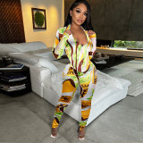 Women Autumn Sexy Printed Long Sleeve Top+Pant Two Piece Set