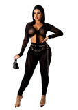 Women Sexy Houndstooth Mesh V-Neck Crop Top+ Mesh Trousers Two Piece