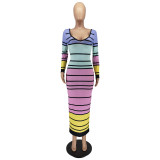 Women Fall/Winter Striped Print V-neck Long Sleeve Dress