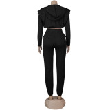 Women Sexy Zip with Cap Long Sleeve Top + Trousers Two-piece Set