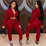 Women Sexy Zip with Cap Long Sleeve Top + Trousers Two-piece Set