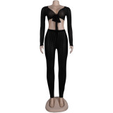 Women Sexy Houndstooth Mesh V-Neck Crop Top+ Mesh Trousers Two Piece