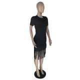 women's solid color fringed round neck shirt dress