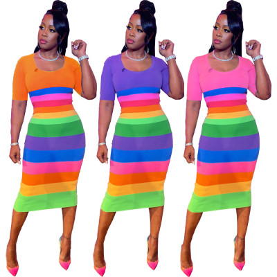 Women Sexy Fashion Tight Fitting Rainbow Print Dress