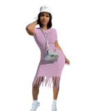 women's solid color fringed round neck shirt dress
