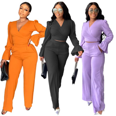 Women's Casual Fashion Solid Color Work Top and Pants Two Piece Suit