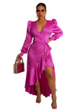 Women'S Puff Sleeve Ruffle Irregular Tied V-Neck Wrap Dress