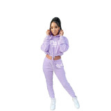 Fall/Winter Fashion Casual Printed Hooded Lace Pocket Solid Color Two Piece Tracksuit