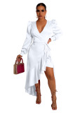 Women'S Puff Sleeve Ruffle Irregular Tied V-Neck Wrap Dress