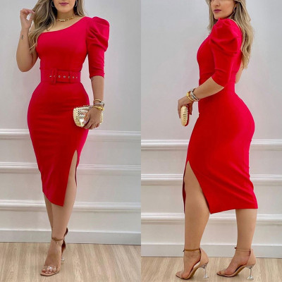 Women'S Elegant Red One Shoulder Half Sleeve Belt Slit Chic Midi Dress