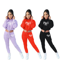 Fall/Winter Fashion Casual Printed Hooded Lace Pocket Solid Color Two Piece Tracksuit