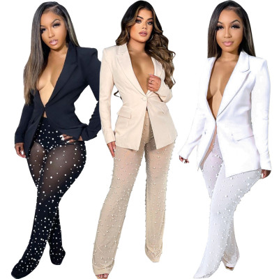 Autumn And Winter Women'S Long Sleeve Blazer Beads Mesh Straight Pants Two Piece Suits