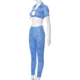 Women Sexy Cutout Short Sleeve Crop Top+ Pant Two-Piece Set