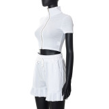 Women Fall Zip Short Sleeve Crop Top + Ruffle Shorts Two-Piece Set