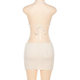 Summer Women Halter Neck Backless Crop Top+ mini dress two-piece