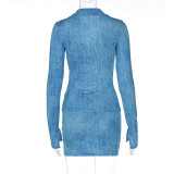 Women autumn long-sleeved printed polo collar top + mini skirt two-piece set