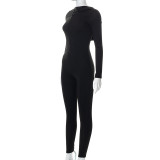 Women Fall Solid Color Long Sleeve Diagonal Zipper Tight Fitting Jumpsuit