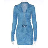 Women autumn long-sleeved printed polo collar top + mini skirt two-piece set