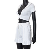 Women Fall Zip Short Sleeve Crop Top + Ruffle Shorts Two-Piece Set