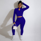 Women Casual Solid V-Neck Zip Long Sleeve Top Pant Sports Two-Piece Set