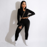Women Casual Solid V-Neck Zip Long Sleeve Top Pant Sports Two-Piece Set