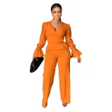 Fall Women V-Neck Bell Bottom Sleeve Lace-Up Top + Pant Two-piece Set