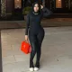 Women Fall Solid Color Long Sleeve Diagonal Zipper Tight Fitting Jumpsuit