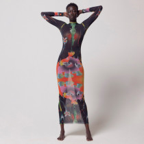 Fall Women Printed Long Sleeve Bodycon Dress