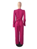 Fall Women V-Neck Bell Bottom Sleeve Lace-Up Top + Pant Two-piece Set