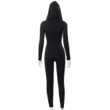 Women Fall Solid Color Long Sleeve Diagonal Zipper Tight Fitting Jumpsuit
