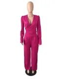 Fall Women V-Neck Bell Bottom Sleeve Lace-Up Top + Pant Two-piece Set