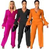 Fall Women V-Neck Bell Bottom Sleeve Lace-Up Top + Pant Two-piece Set