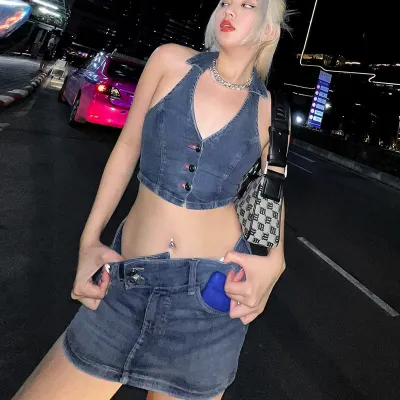 Women Summer Halter Neck V-Neck Tank Top + Sexy Bodycon Skirt Denim Two Piece