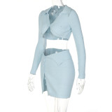 Sexy Crop Polo Collar Long Sleeve Top Patchwork Button Split Short Skirt Suit Women