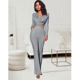 Suit Sexy Casual Ladies Shiny Long Sleeve Top Bell Bottom Pants Two Piece Set