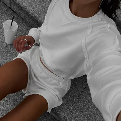 Fall Solid Color Long Sleeve Hoodies Shorts Two Piece Fashion Reverse Casual Suit Women