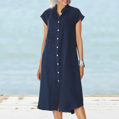 Woven Cardigan Stand Collar Single Breasted Linen Pocket Slip Dress