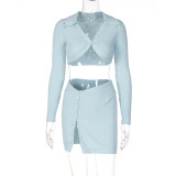 Sexy Crop Polo Collar Long Sleeve Top Patchwork Button Split Short Skirt Suit Women