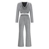 Suit Sexy Casual Ladies Shiny Long Sleeve Top Bell Bottom Pants Two Piece Set