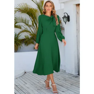 Long Sleeve Dress Fall Winter Round Neck Bow A-Line Maxi Dress