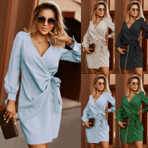Ol Chic puff sleeve v-neck lace-up dress autumn winter women