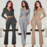 Suit Sexy Casual Ladies Shiny Long Sleeve Top Bell Bottom Pants Two Piece Set