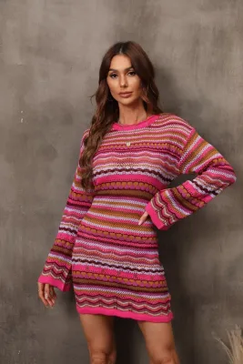 Fall Cutout Patchwork Long Knitting Skirt Crochet Knitting Dress