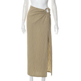 Women's Fall Solid Casual Ring Slit High Waist Slim Long Skirt