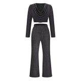 Suit Sexy Casual Ladies Shiny Long Sleeve Top Bell Bottom Pants Two Piece Set